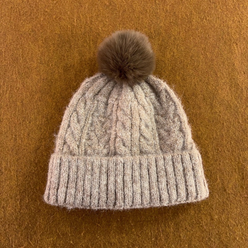Hat Attack Womens OS Tan Cable Knit Faux Fur Pom Beanie Hat New